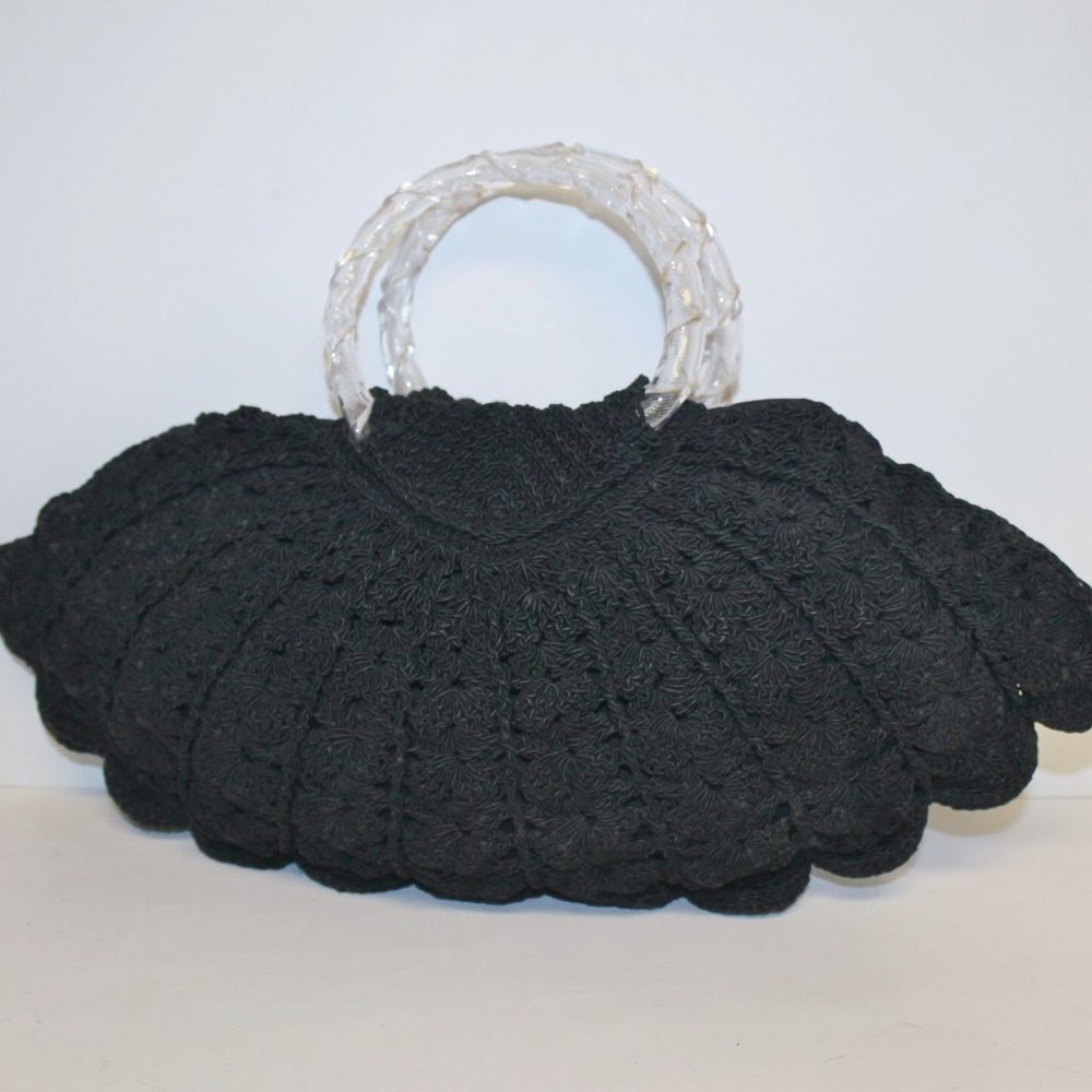Vintage Lucite Top Handle Silken Crochet Handbag